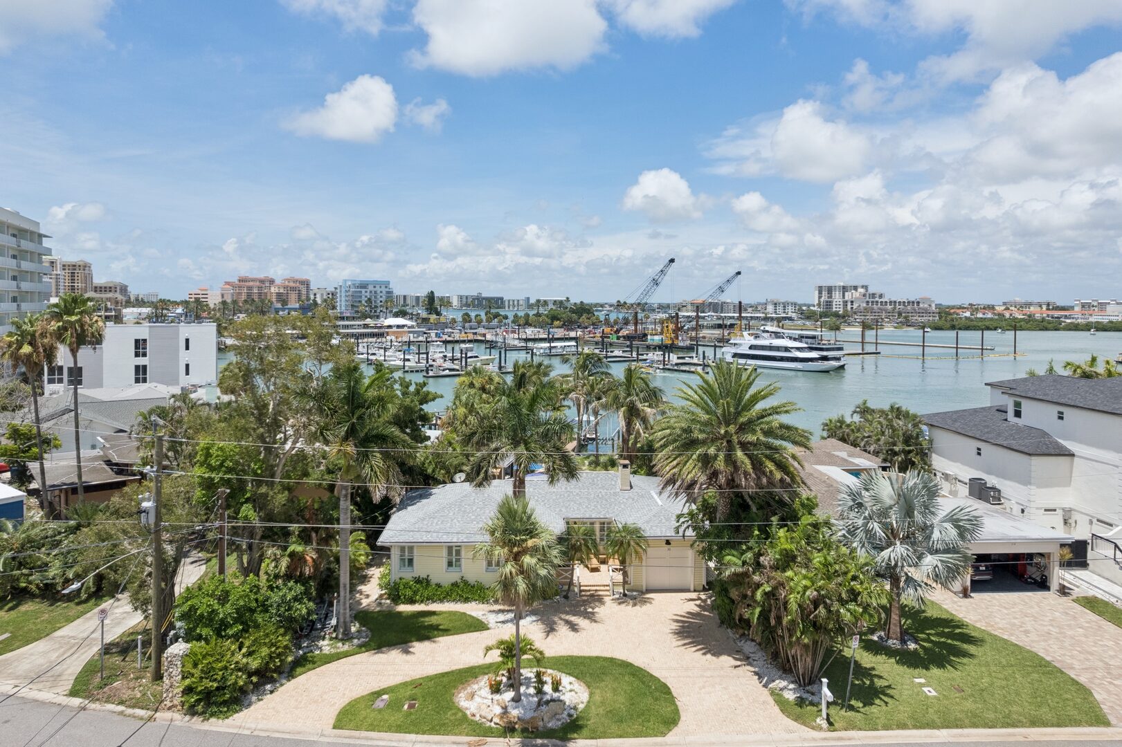 Aerial view — cottage, waterway and marina